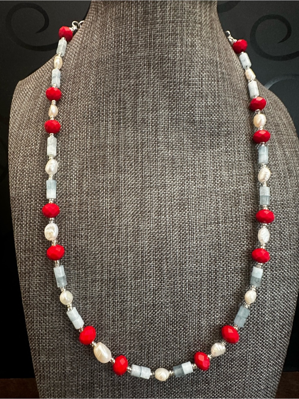Red and Aquamarine Handmade Beaded Women’s Necklace
